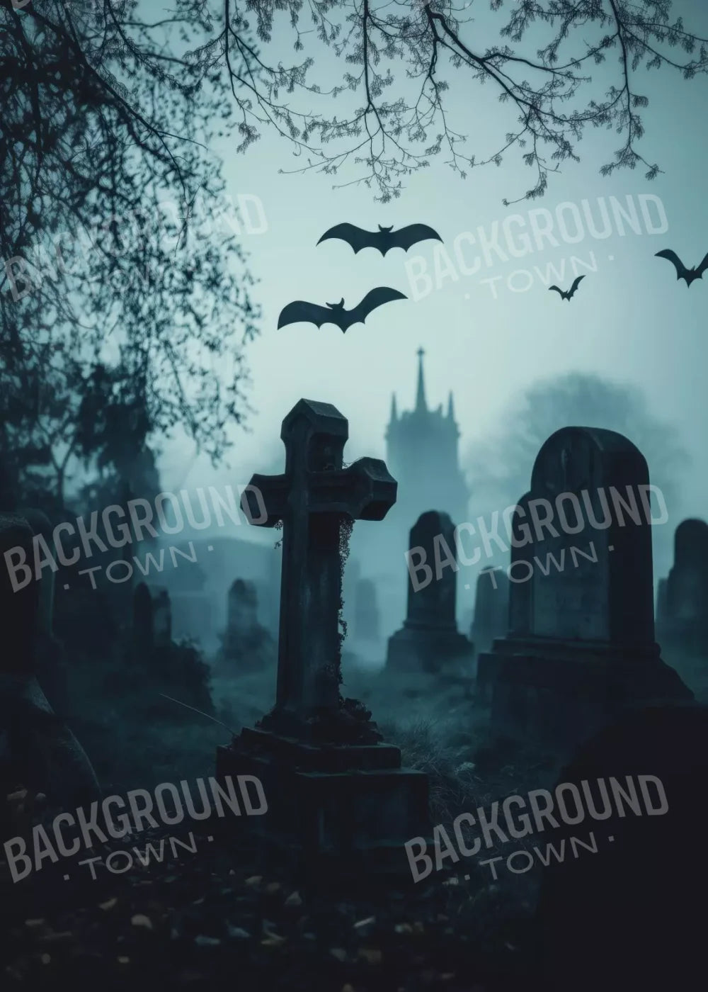 Eerie Blue Cemetary 5’X7’ Ultracloth (60 X 84 Inch) Backdrop