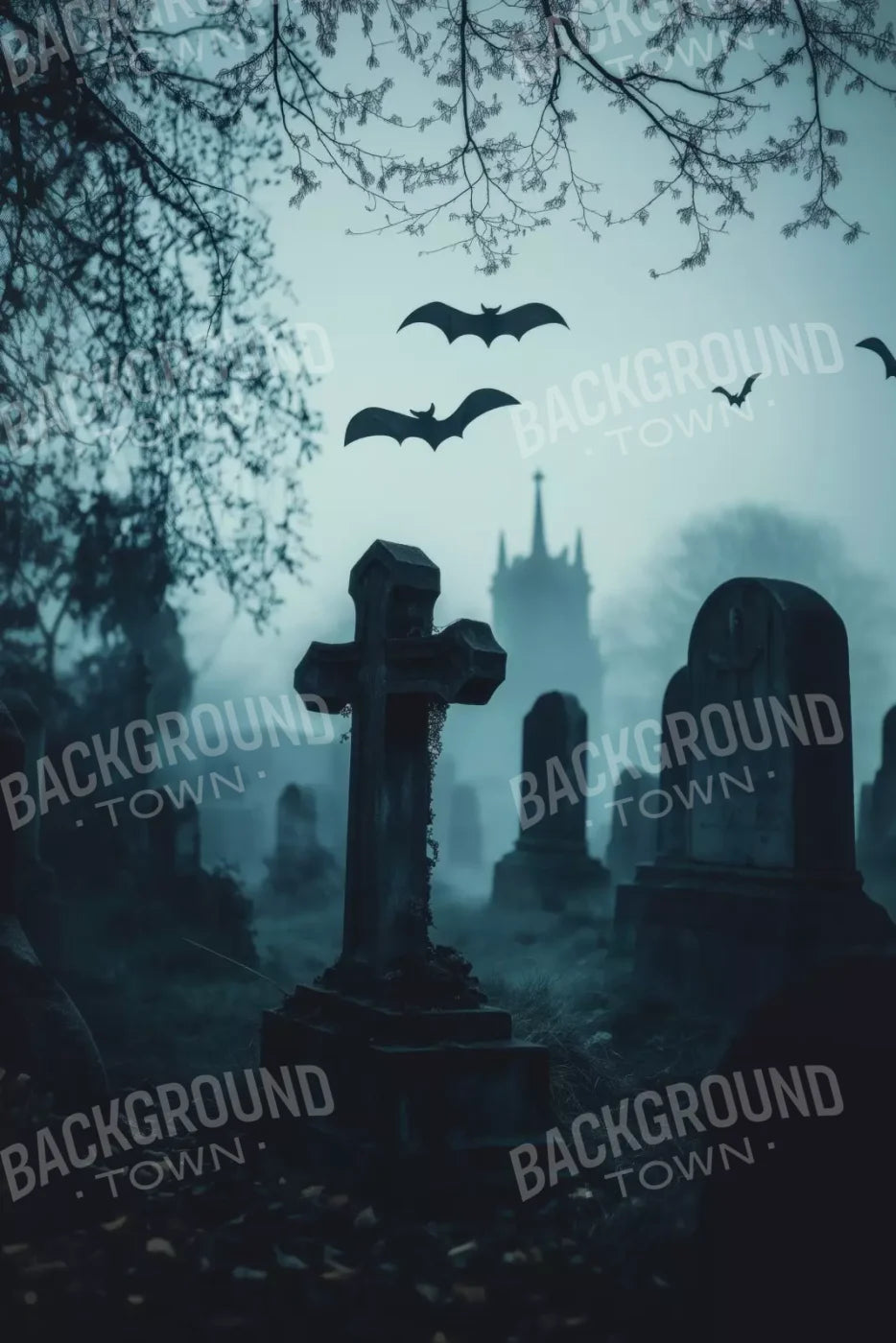 Eerie Blue Cemetary 8’X12’ Ultracloth (96 X 144 Inch) Backdrop