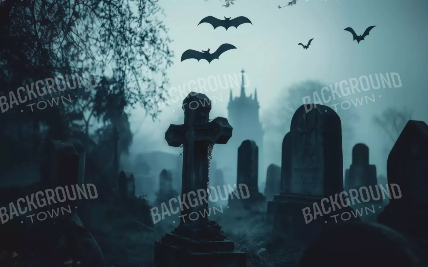 Eerie Blue Cemetary 8’X5’ Ultracloth (96 X 60 Inch) Backdrop