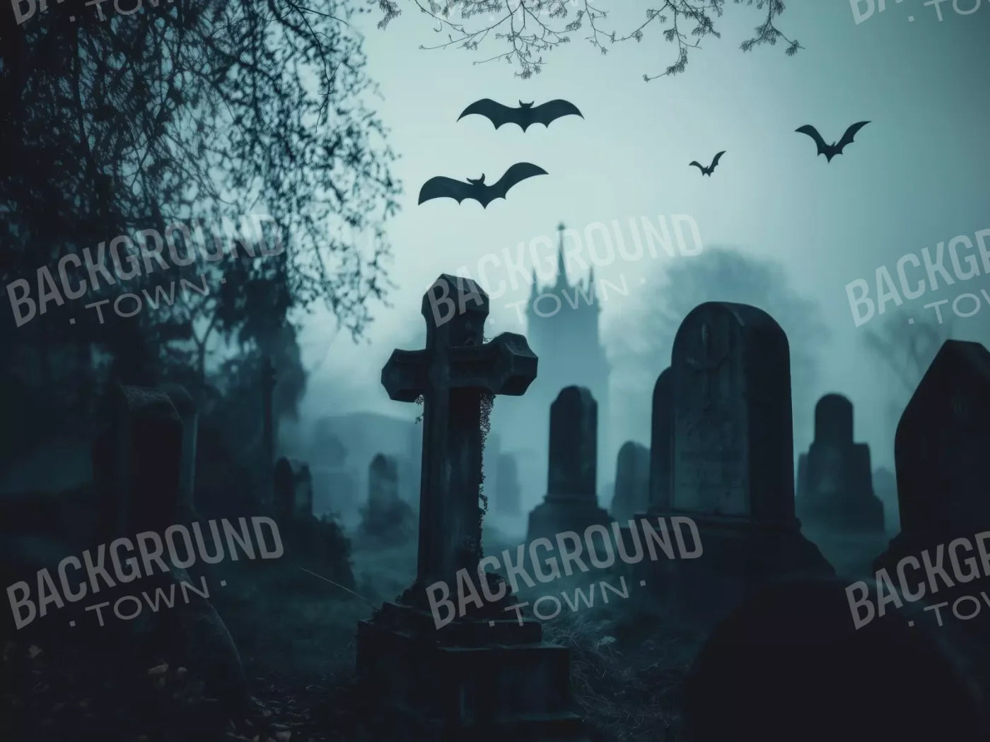 Eerie Blue Cemetary 8’X6’ Fleece (96 X 72 Inch) Backdrop