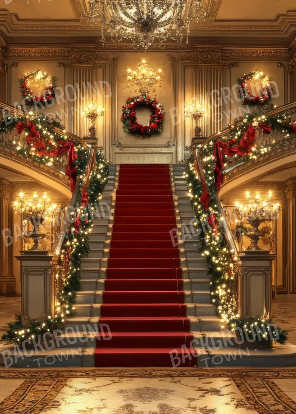 Elegant Grand Staircase At Christmas 5’x7’ UltraCloth (60 x 84 inch) Backdrop