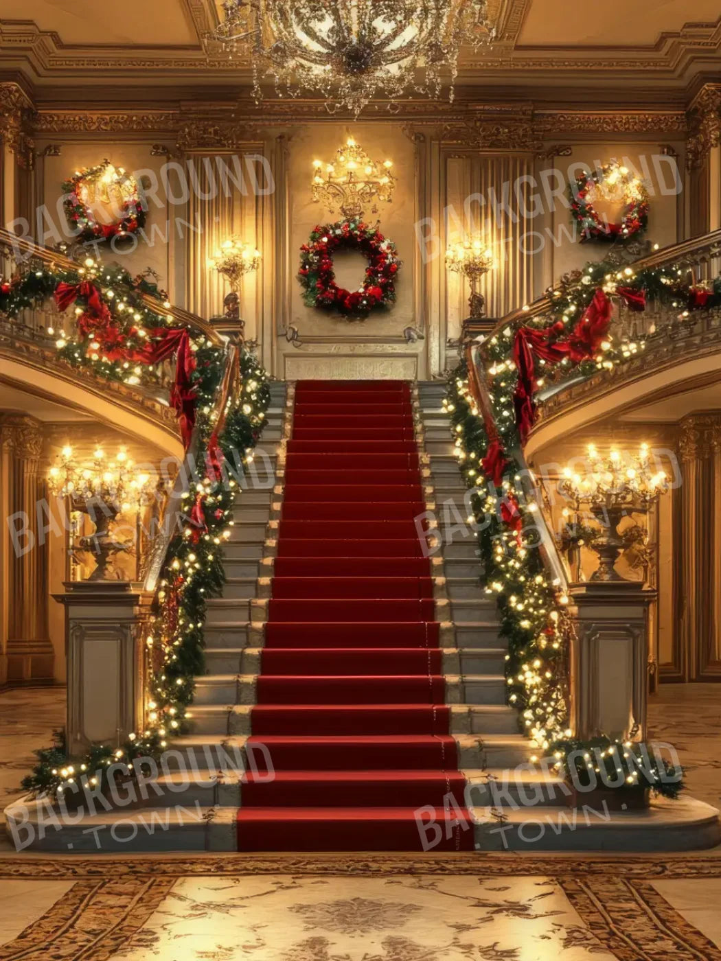 Elegant Grand Staircase At Christmas 6’x8’ Fleece (72 x 96 inch) Backdrop