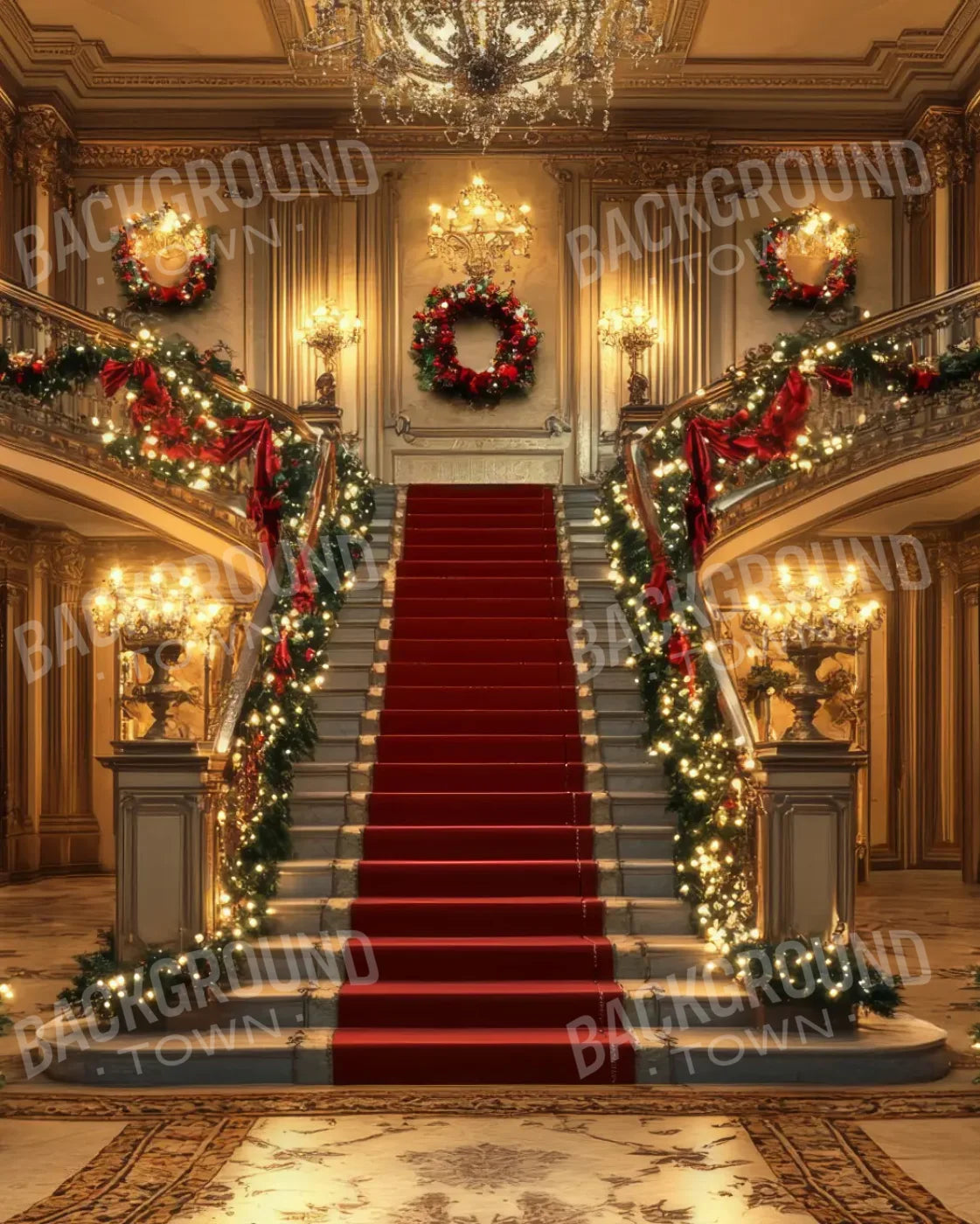 Elegant Grand Staircase At Christmas 8’x10’ Fleece (96 x 120 inch) Backdrop