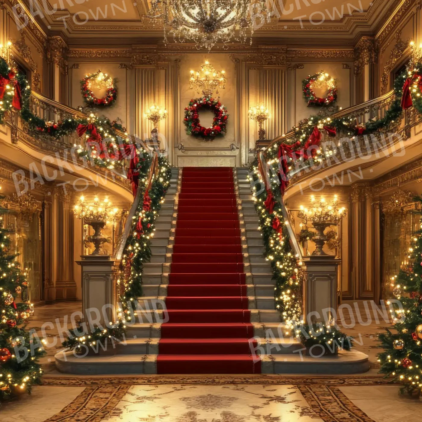 Elegant Grand Staircase At Christmas 8’x8’ Fleece (96 x 96 inch) Backdrop