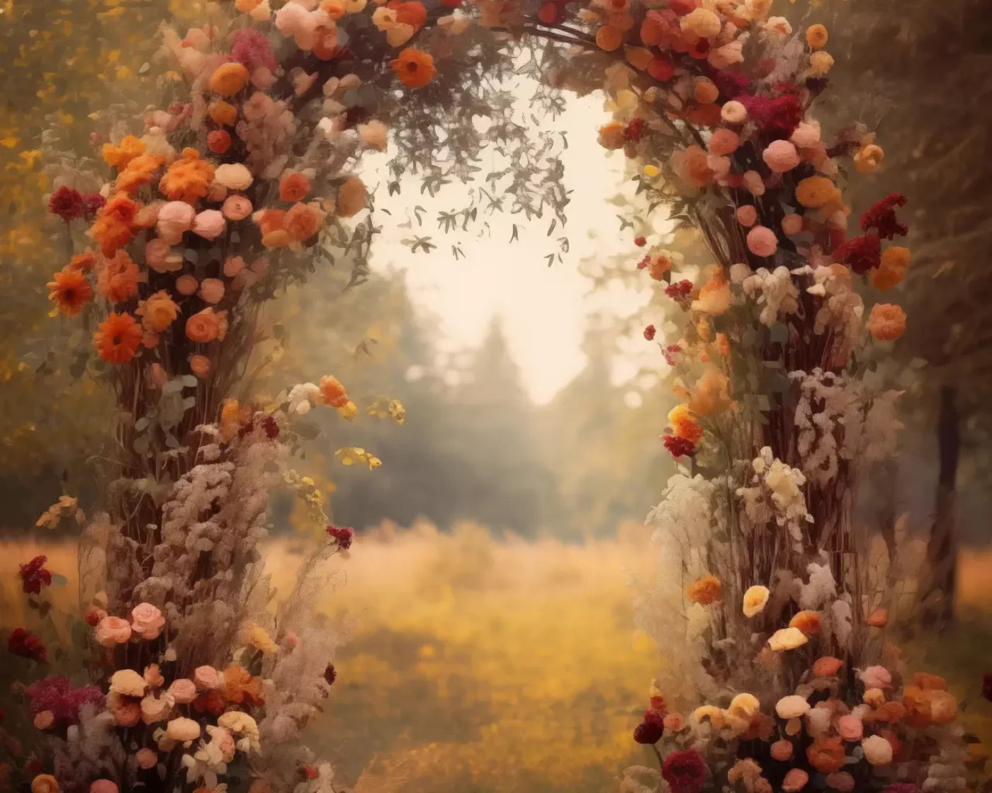 Fall Floral Arch Outdoors In Field 10’X8’ Fleece (120 X 96 Inch) Backdrop