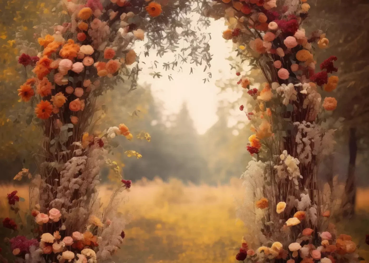 Fall Floral Arch Outdoors In Field 7’X5’ Ultracloth (84 X 60 Inch) Backdrop