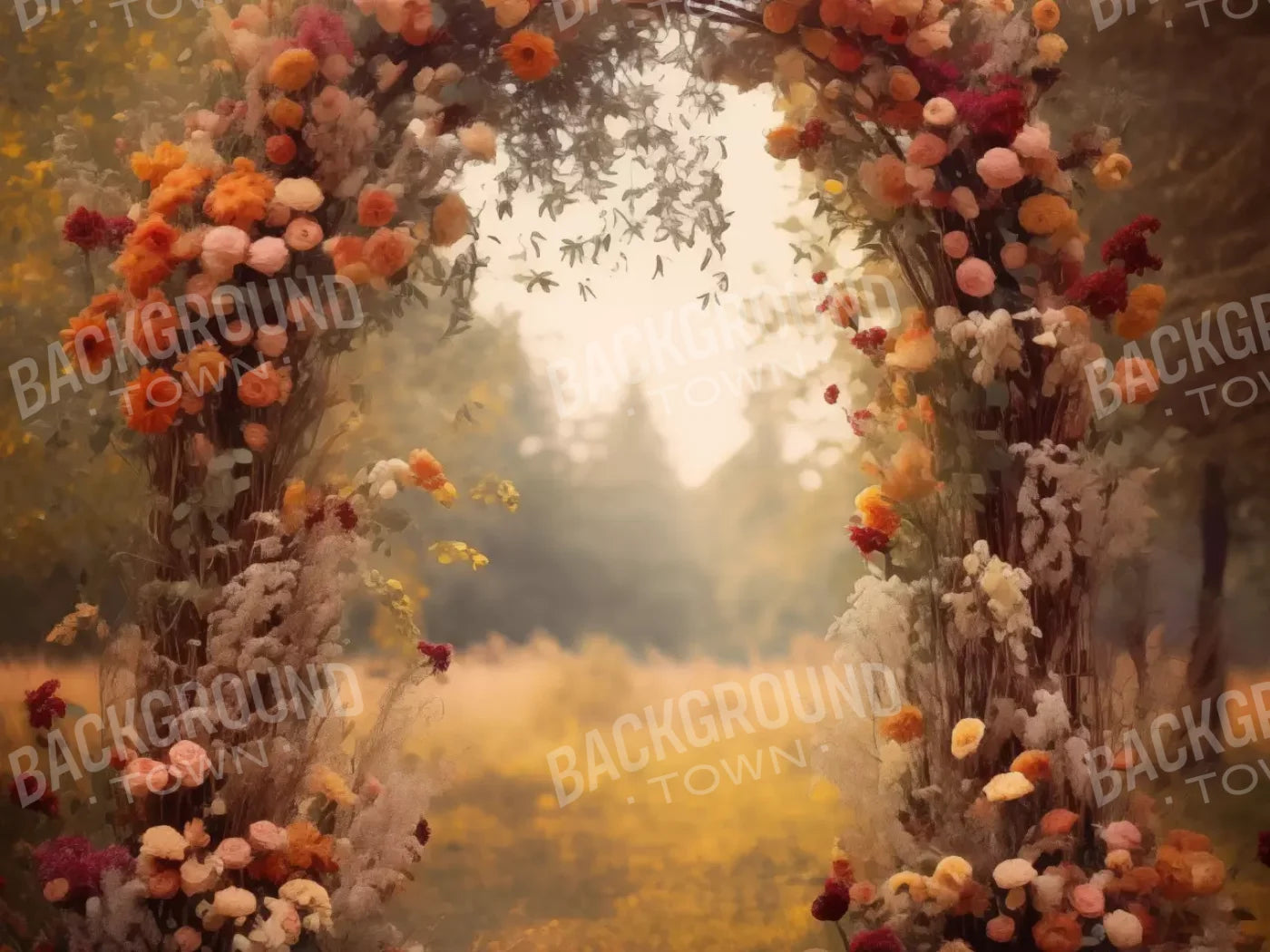 Fall Floral Arch Outdoors In Field 8’X6’ Fleece (96 X 72 Inch) Backdrop