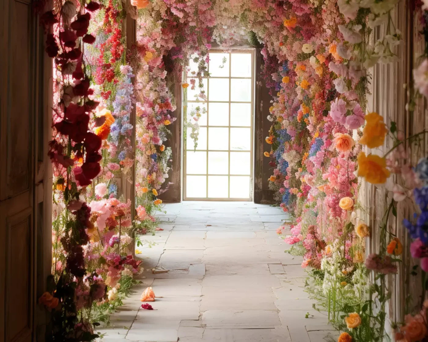 Flower Garland Hallway 1 10’X8’ Fleece (120 X 96 Inch) Backdrop