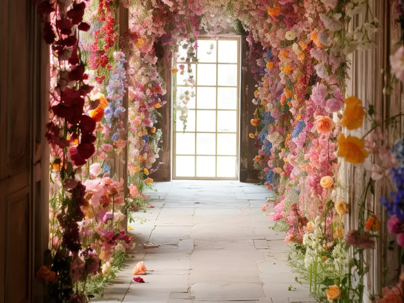 Flower Garland Hallway 1 6’8X5’ Fleece (80 X 60 Inch) Backdrop