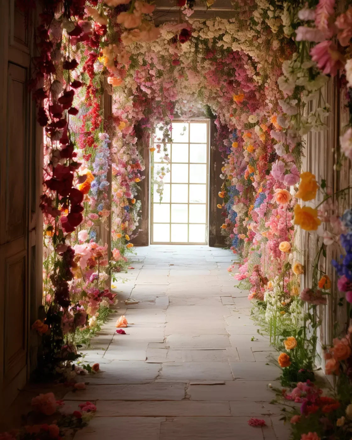 Flower Garland Hallway 1 8’X10’ Fleece (96 X 120 Inch) Backdrop