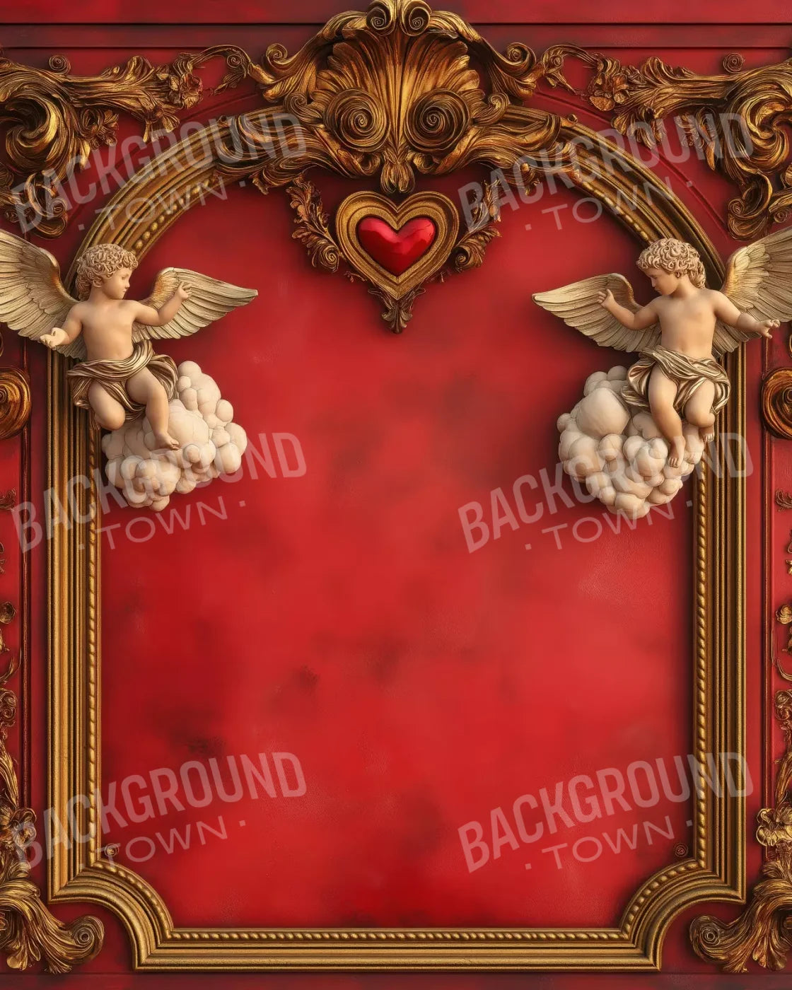 Gold Arch On Red Wall With Angels 8’X10’ Fleece (96 X 120 Inch) Backdrop