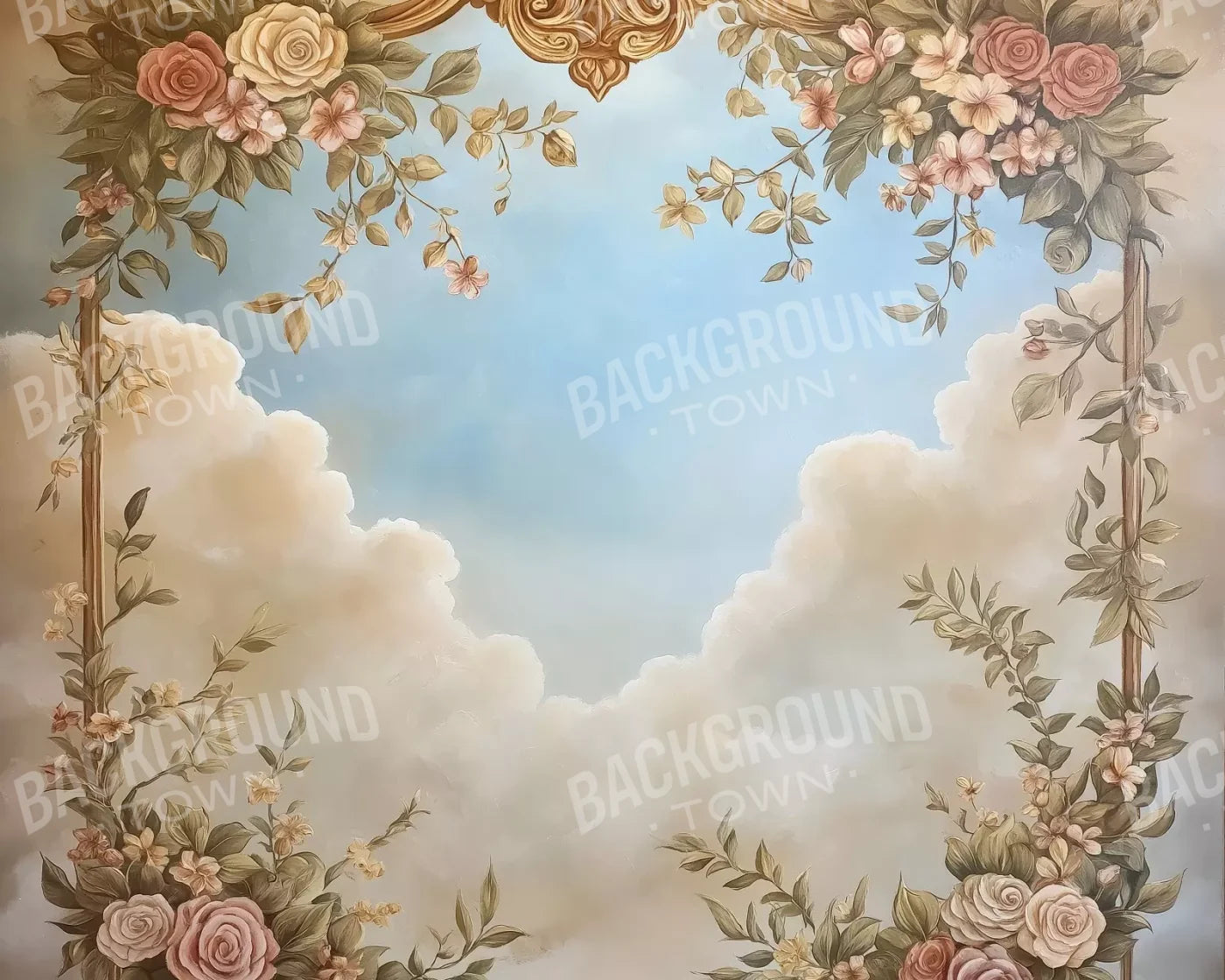 Gold Painted Frame With Flowers 10’X8’ Fleece (120 X 96 Inch) Backdrop