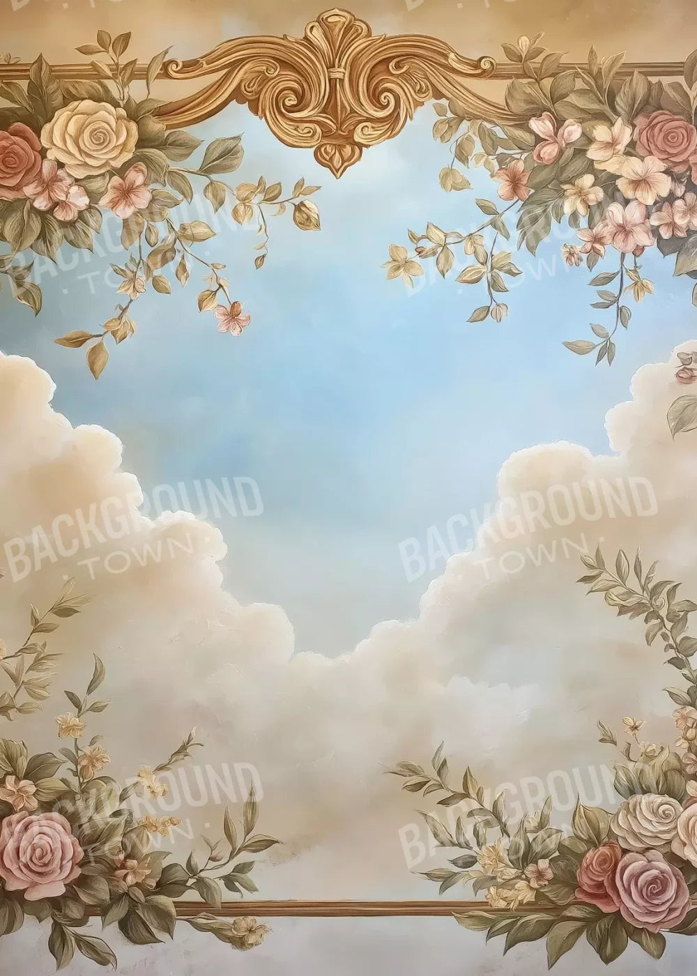 Gold Painted Frame With Flowers 5’X7’ Ultracloth (60 X 84 Inch) Backdrop