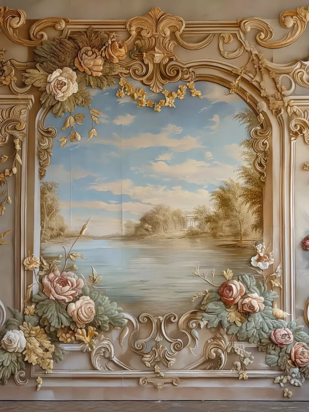 Golden Frame Of Flowers 5’X6’8 Fleece (60 X 80 Inch) Backdrop