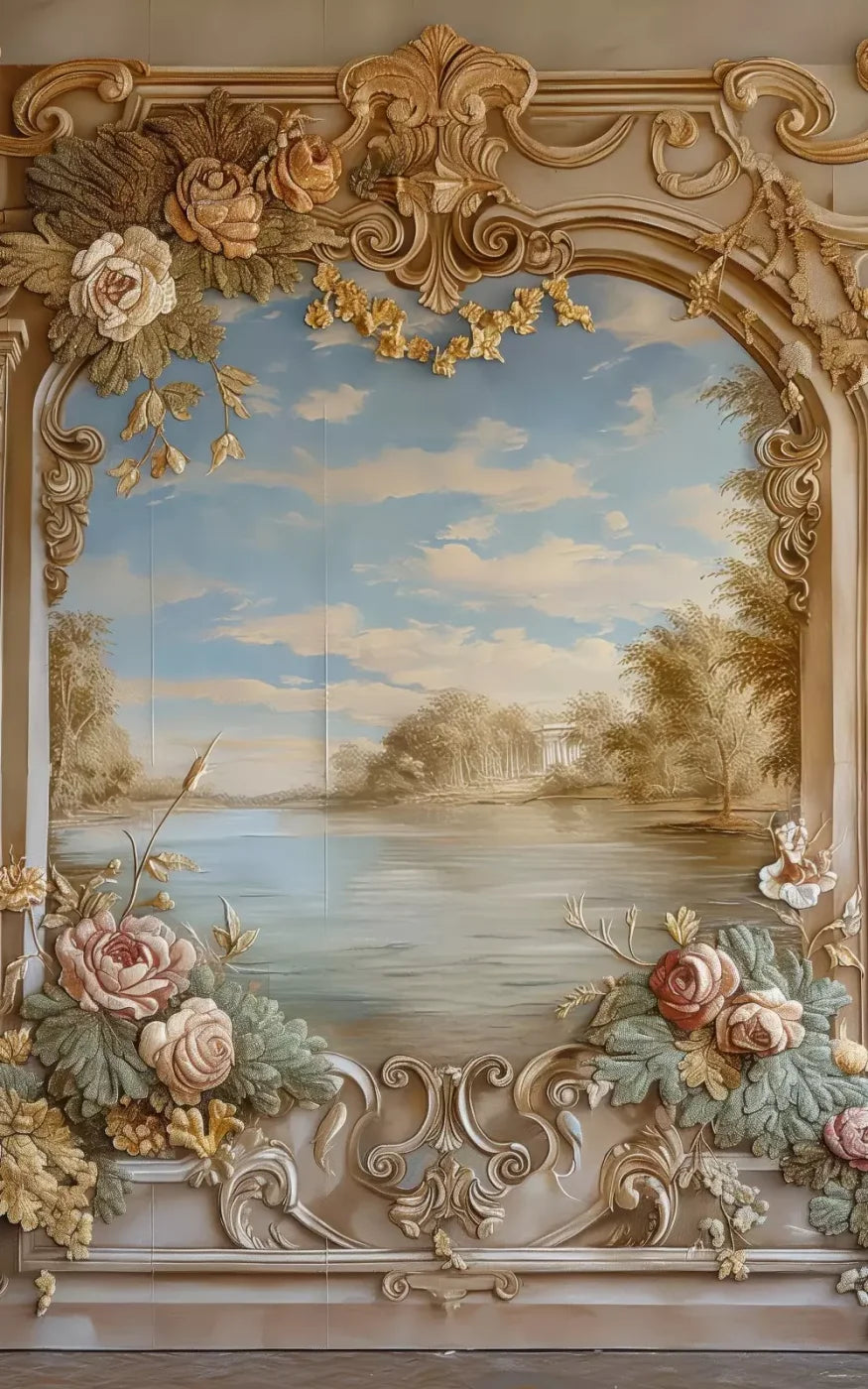 Golden Frame Of Flowers 5’X8’ Ultracloth (60 X 96 Inch) Backdrop