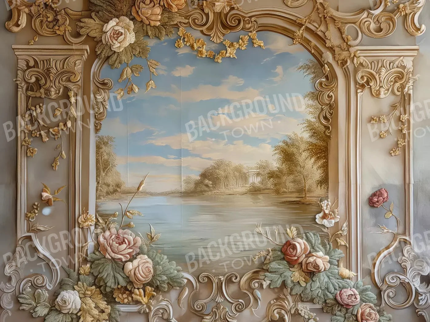 Golden Frame Of Flowers 6’8X5’ Fleece (80 X 60 Inch) Backdrop