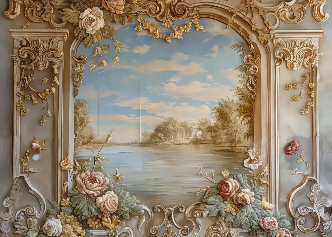 Golden Frame Of Flowers 7’X5’ Ultracloth (84 X 60 Inch) Backdrop