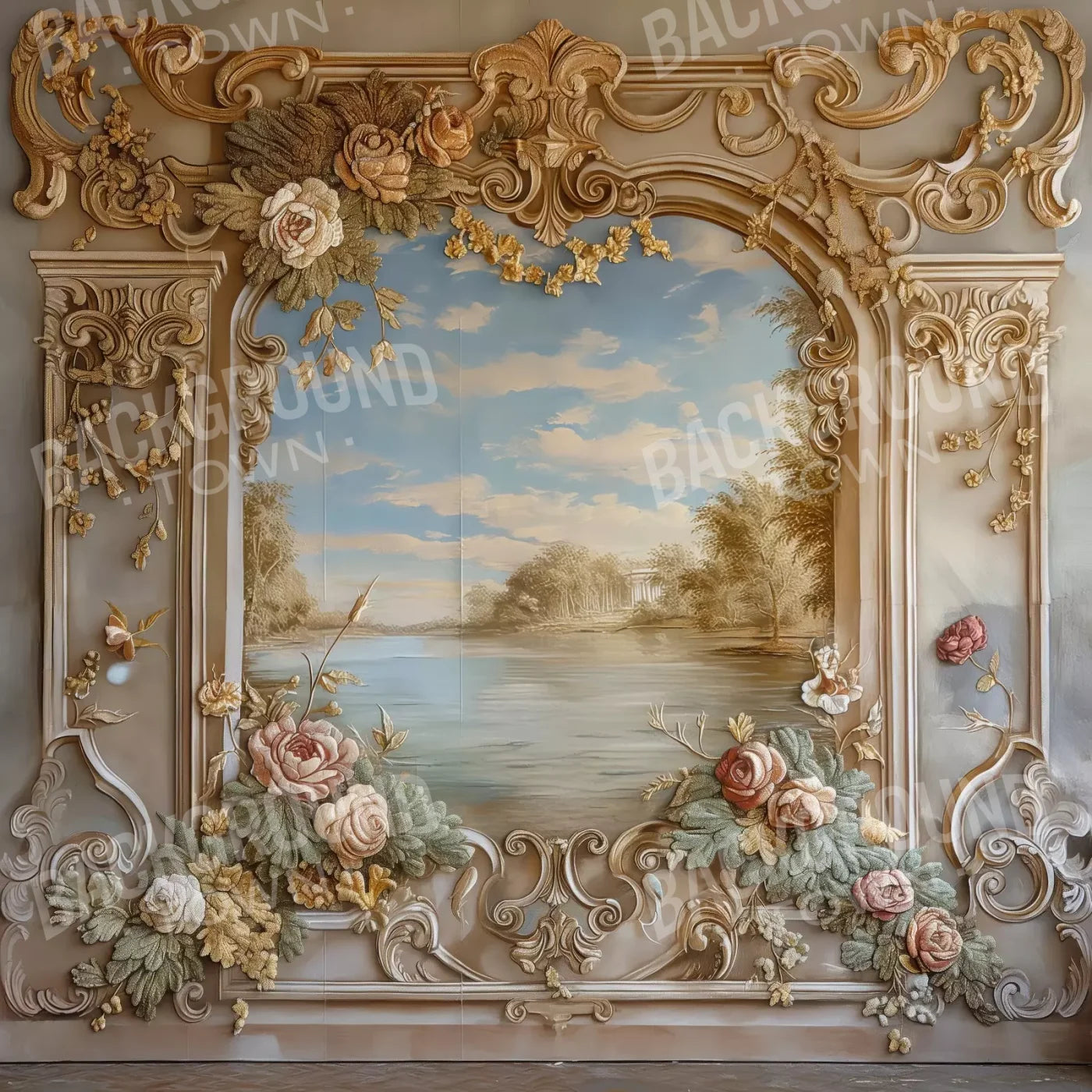 Golden Frame Of Flowers 8’X8’ Fleece (96 X Inch) Backdrop