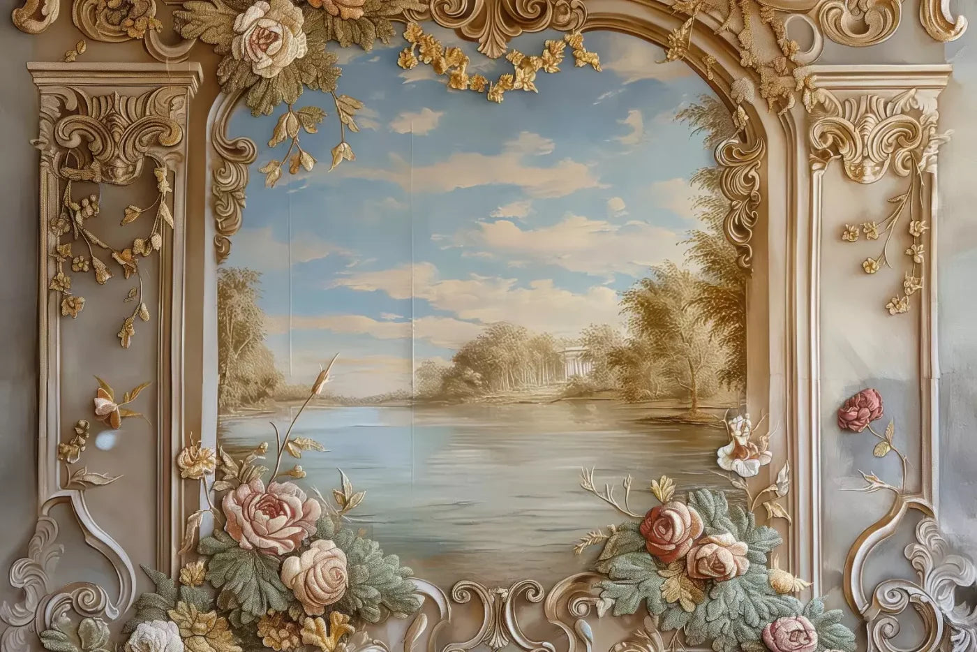 Golden Frame Of Flowers 12’X8’ Ultracloth (144 X 96 Inch) Backdrop