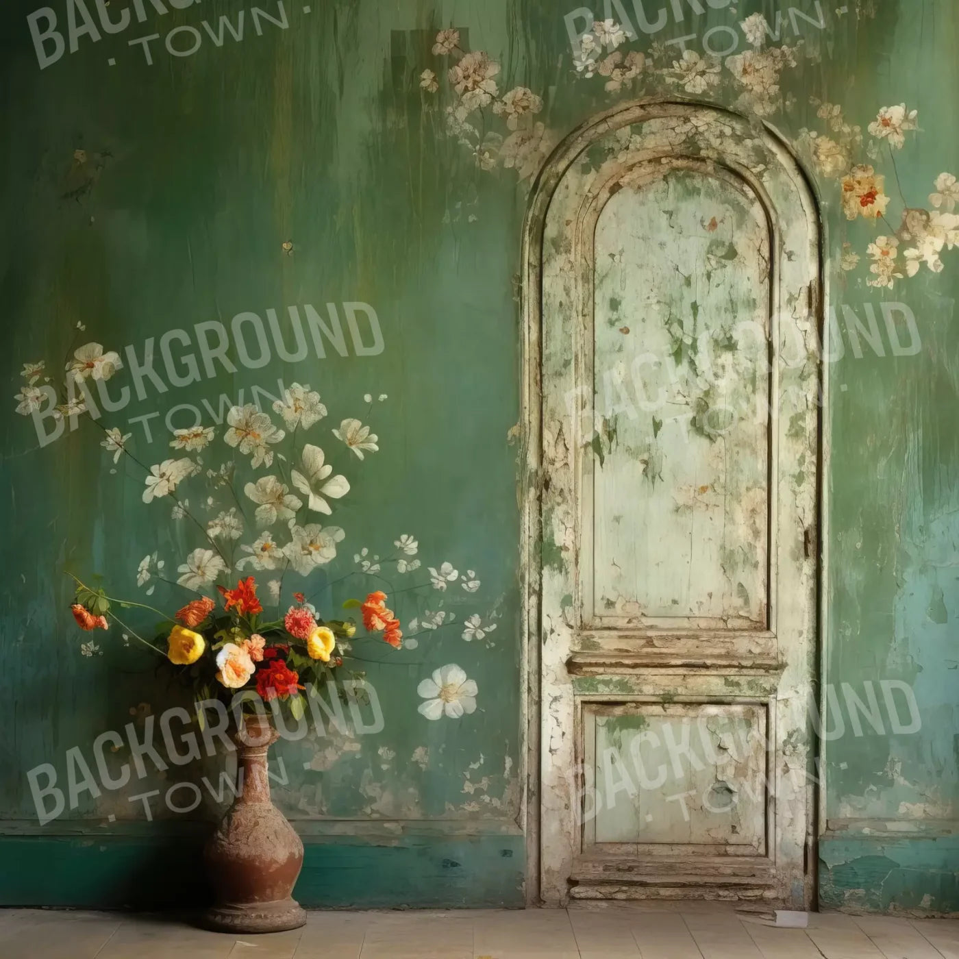 Green Chipped Floral Iii 8X8 Fleece ( 96 X Inch ) Backdrop