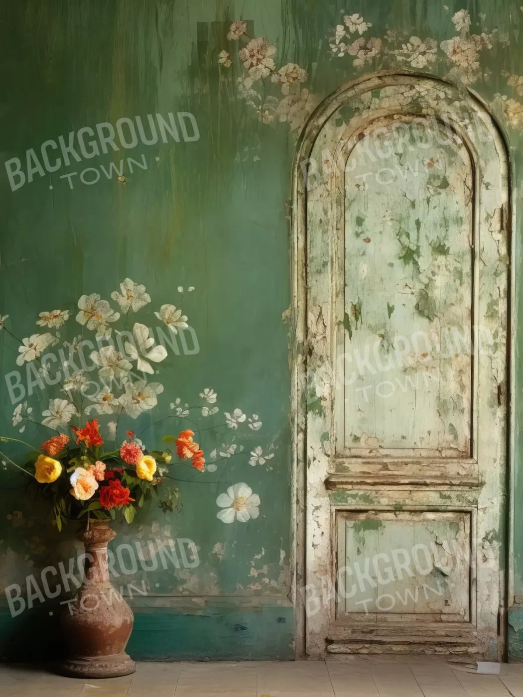 Green Chipped Floral Iii 6X8 Fleece ( 72 X 96 Inch ) Backdrop