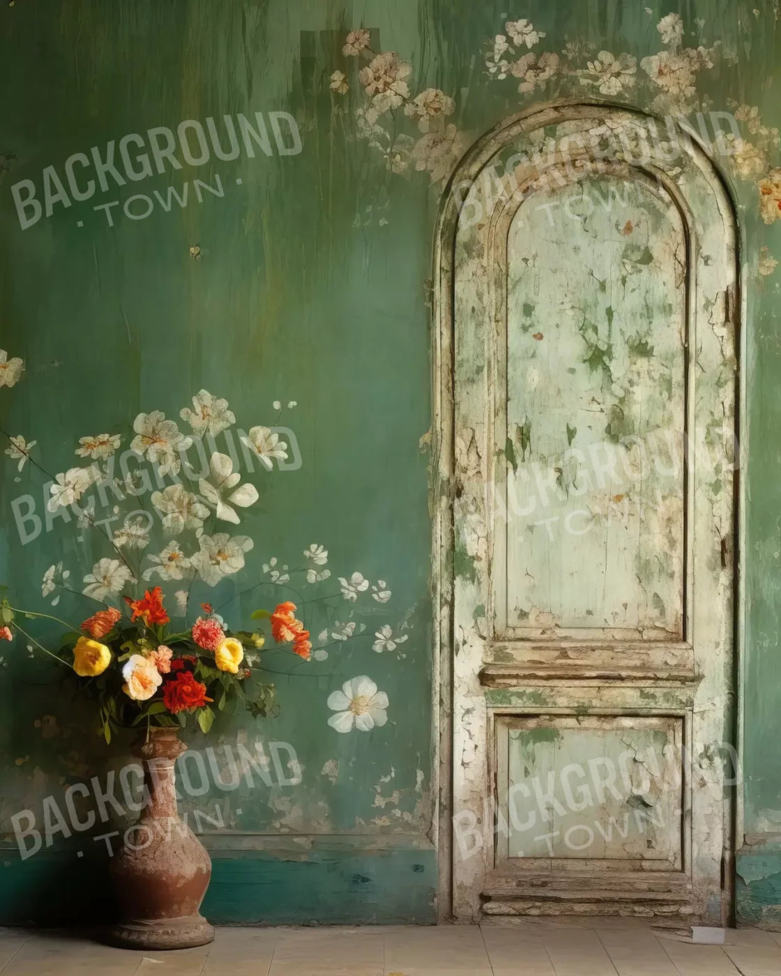 Green Chipped Floral Iii 8X10 Fleece ( 96 X 120 Inch ) Backdrop