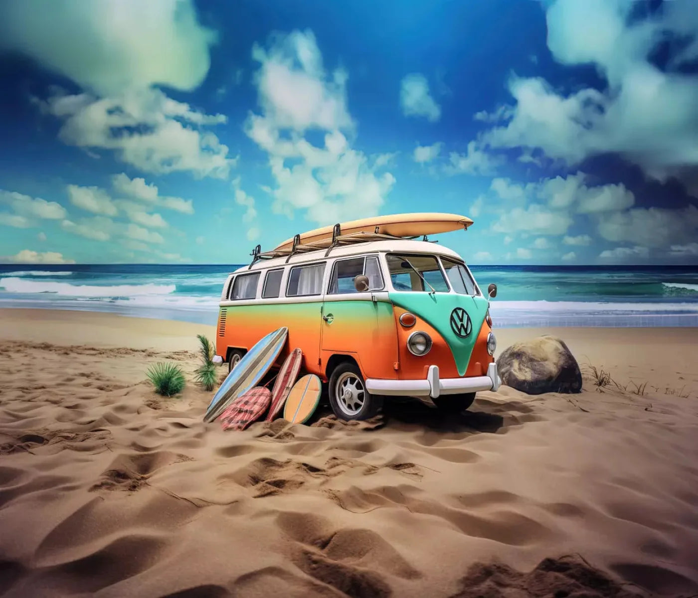 Retro Van At Beach Ii 12X10 Ultracloth ( 144 X 120 Inch ) Backdrop