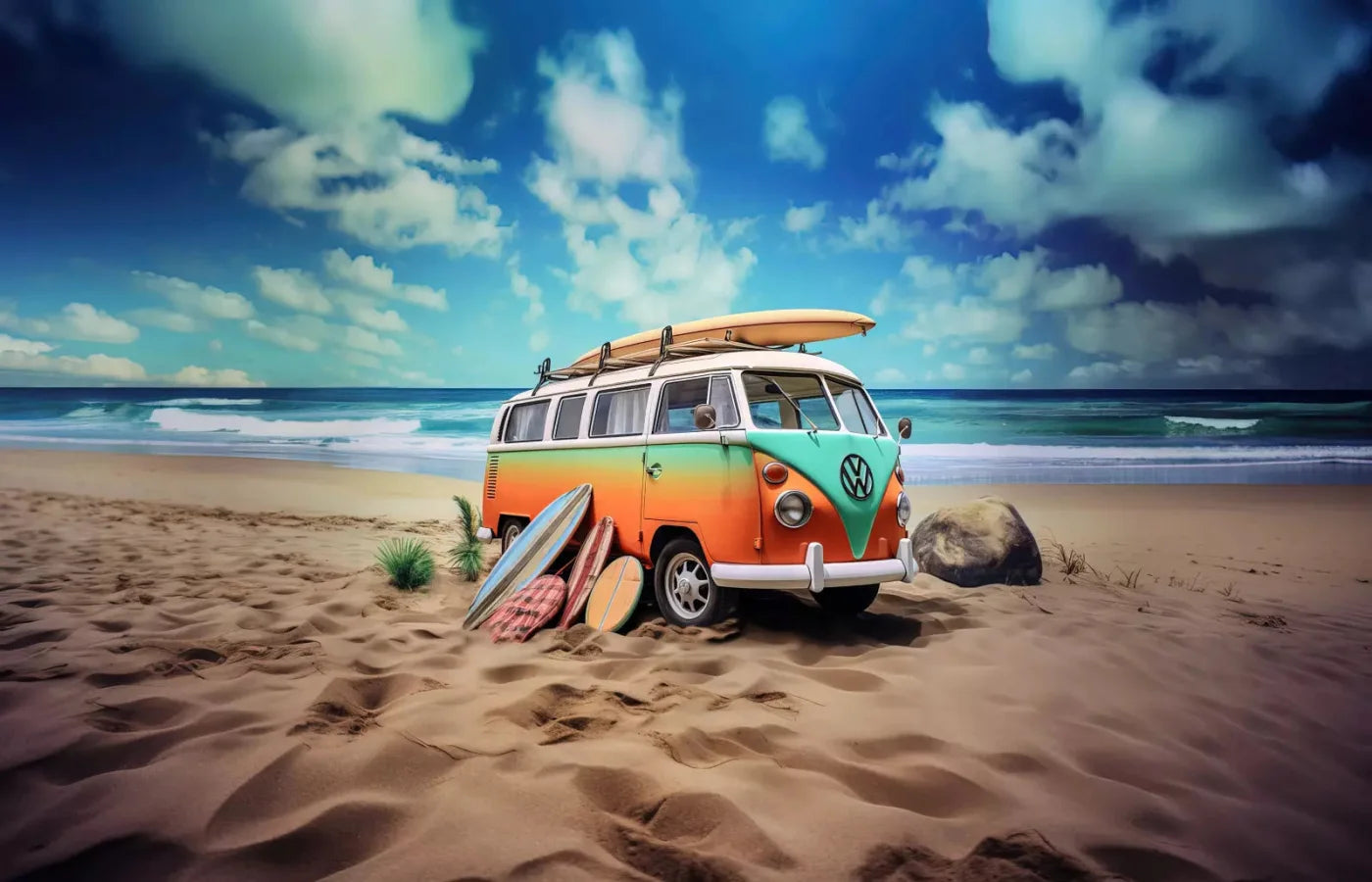 Retro Van At Beach Ii 12X8 Ultracloth ( 144 X 96 Inch ) Backdrop
