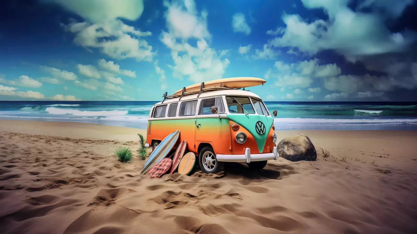 Retro Van At Beach Ii 14X8 Ultracloth ( 168 X 96 Inch ) Backdrop