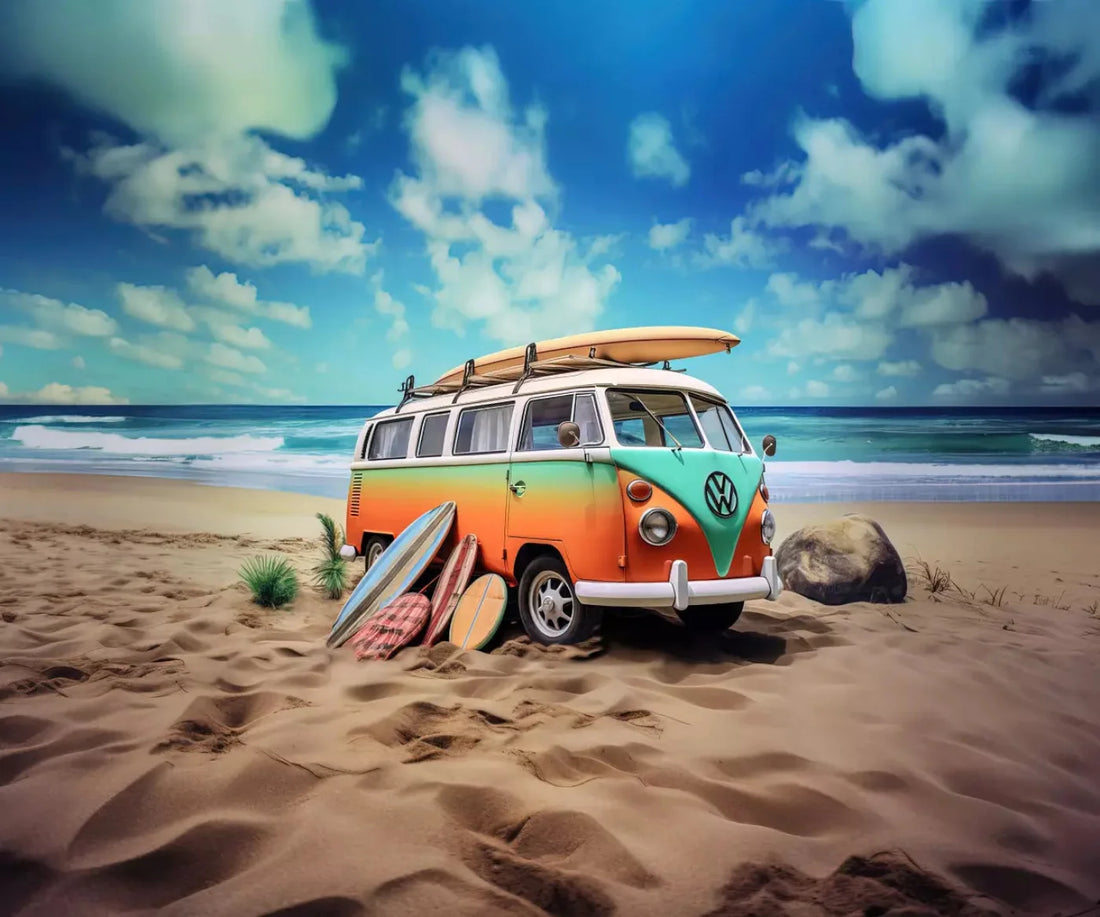 Retro Van At Beach Ii 5X42 Fleece ( 60 X 50 Inch ) Backdrop