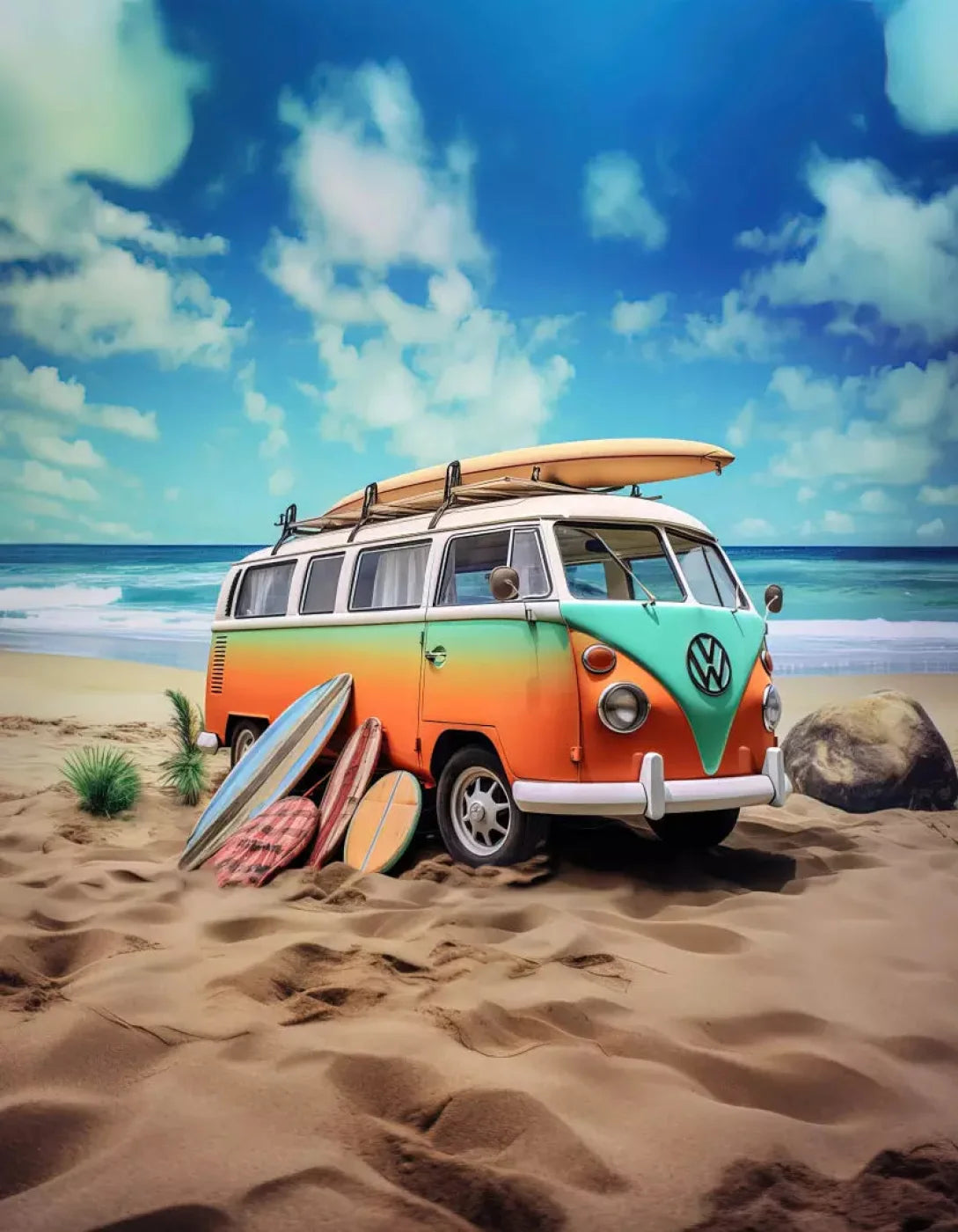 Retro Van At Beach Ii 6X8 Fleece ( 72 X 96 Inch ) Backdrop