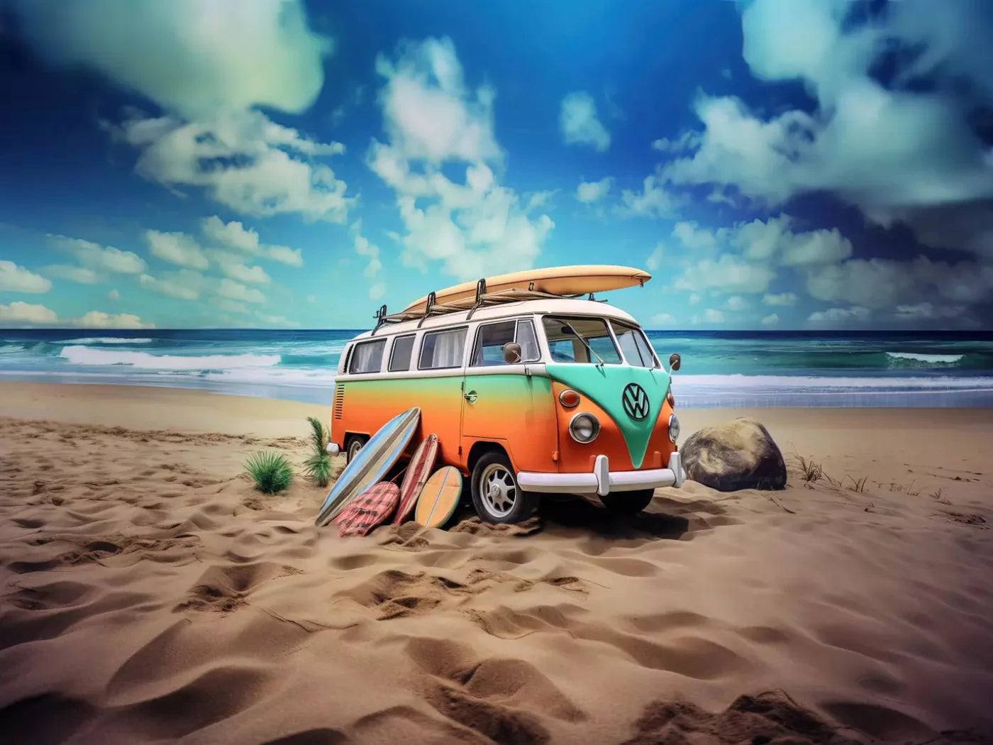 Retro Van At Beach Ii 7X5 Ultracloth ( 84 X 60 Inch ) Backdrop