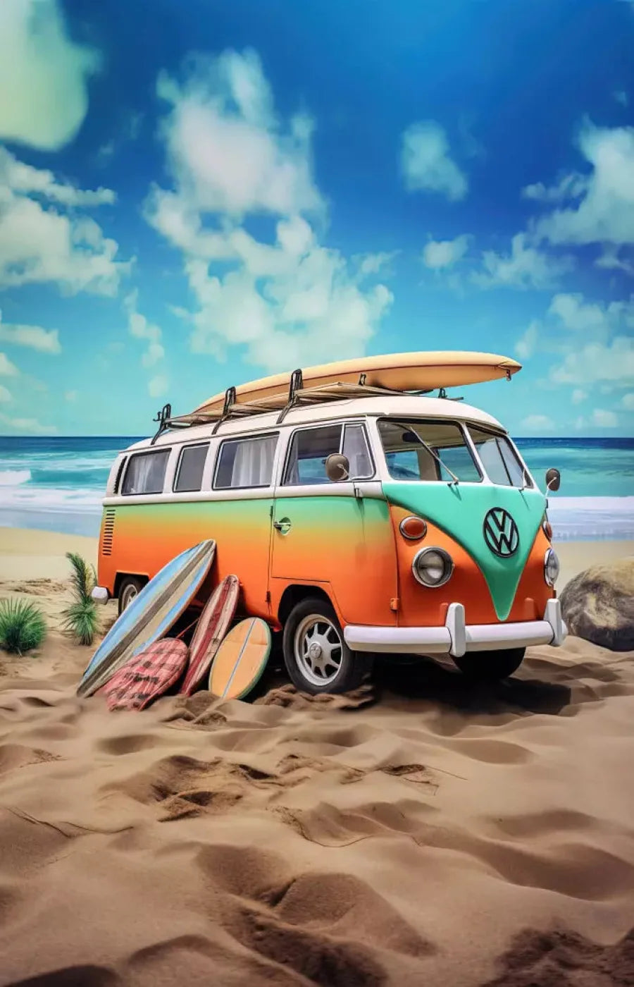 Retro Van At Beach Ii 8X12 Ultracloth ( 96 X 144 Inch ) Backdrop