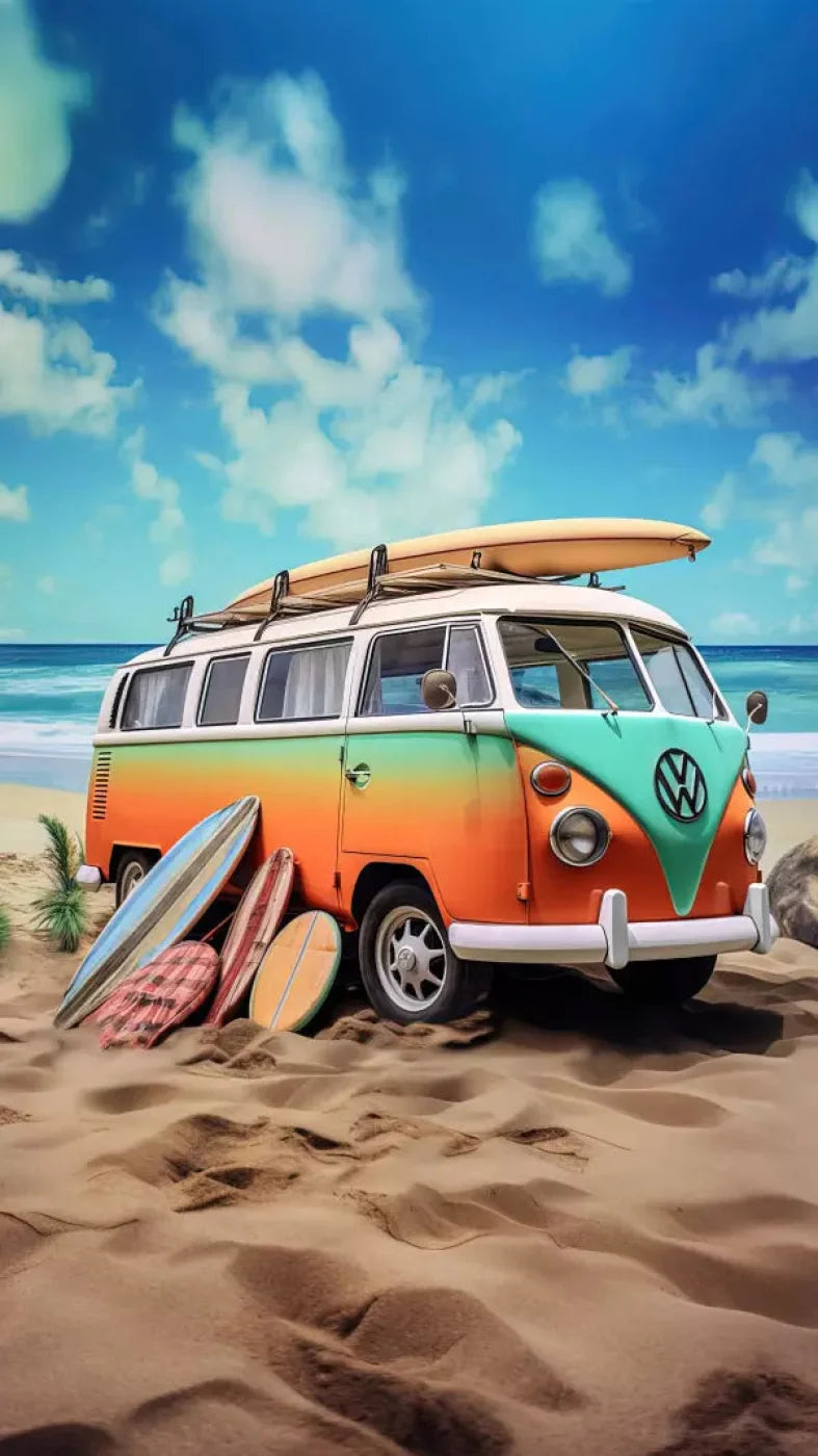 Retro Van At Beach Ii 8X14 Ultracloth ( 96 X 168 Inch ) Backdrop