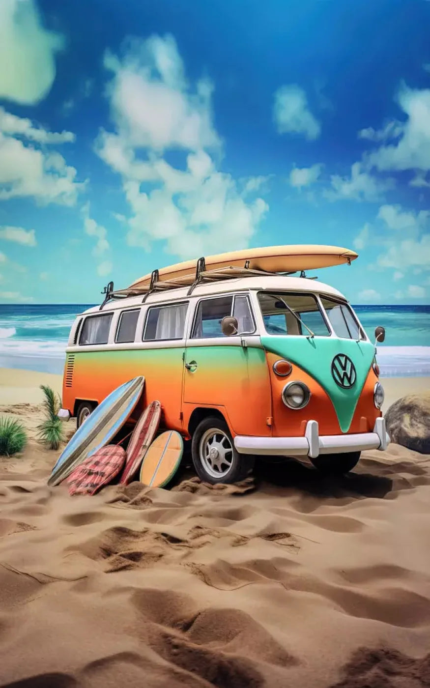 Retro Van At Beach Ii 9X14 Ultracloth ( 108 X 168 Inch ) Backdrop