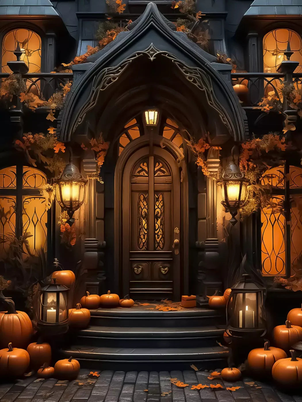Halloween Door Step I 6’X8’ Fleece (72 X 96 Inch) Backdrop