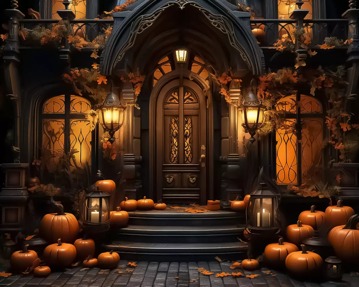 Halloween Door Step Wide 10’X8’ Fleece (120 X 96 Inch) Backdrop
