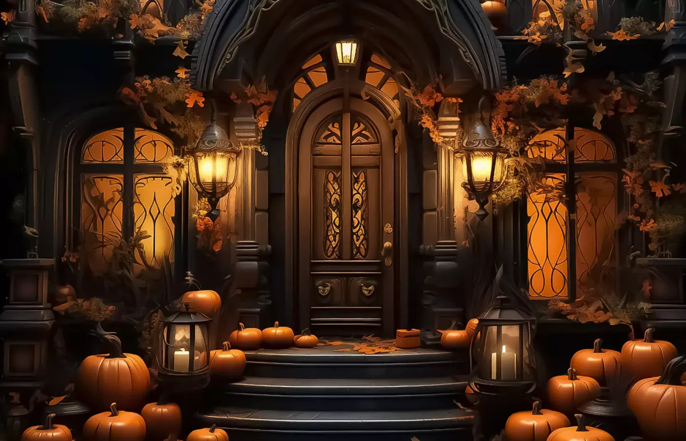 Halloween Door Step Wide 14’X9’ Ultracloth (168 X 108 Inch) Backdrop