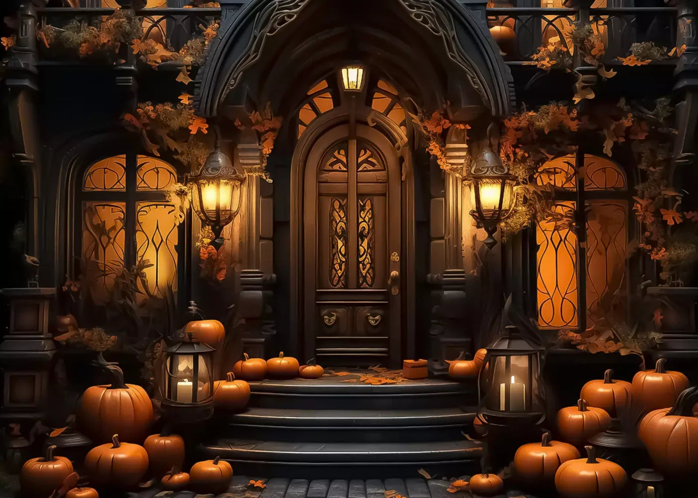 Halloween Door Step Wide 7’X5’ Ultracloth (84 X 60 Inch) Backdrop