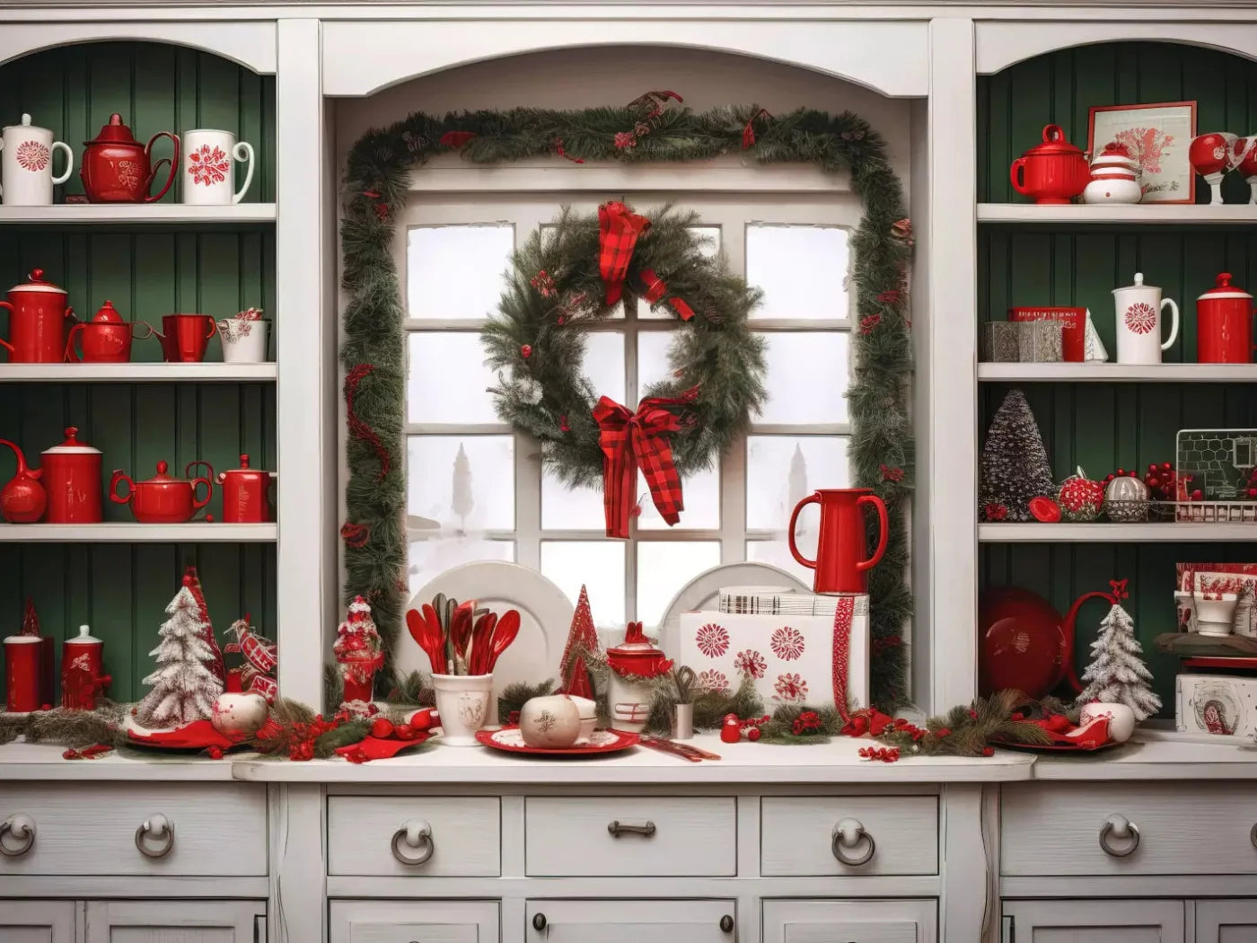 Christmas Kitchen In White 10X8 Fleece ( 120 X 96 Inch ) Backdrop