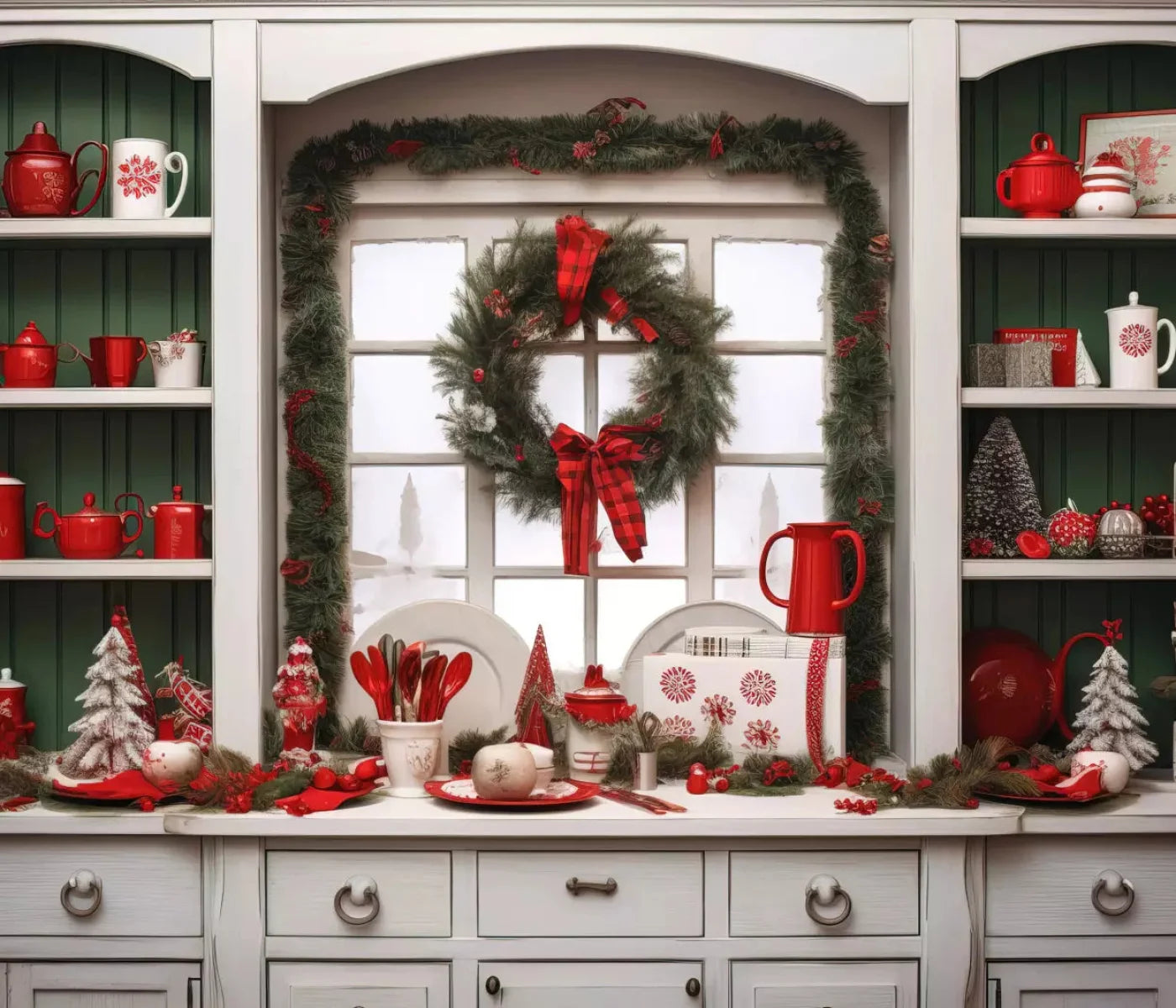 Christmas Kitchen In White 12X10 Ultracloth ( 144 X 120 Inch ) Backdrop