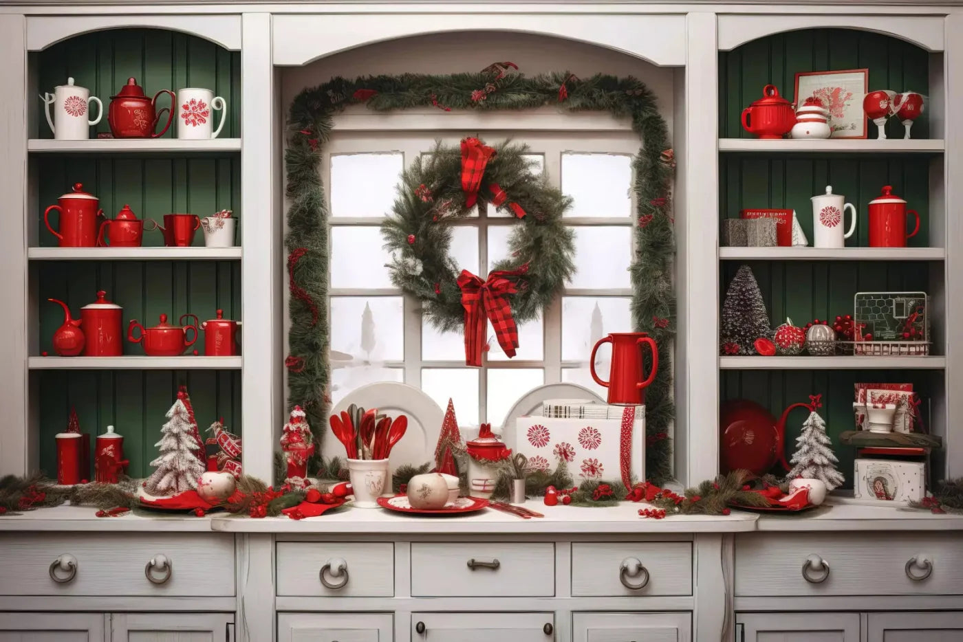 Christmas Kitchen In White 8X5 Ultracloth ( 96 X 60 Inch ) Backdrop