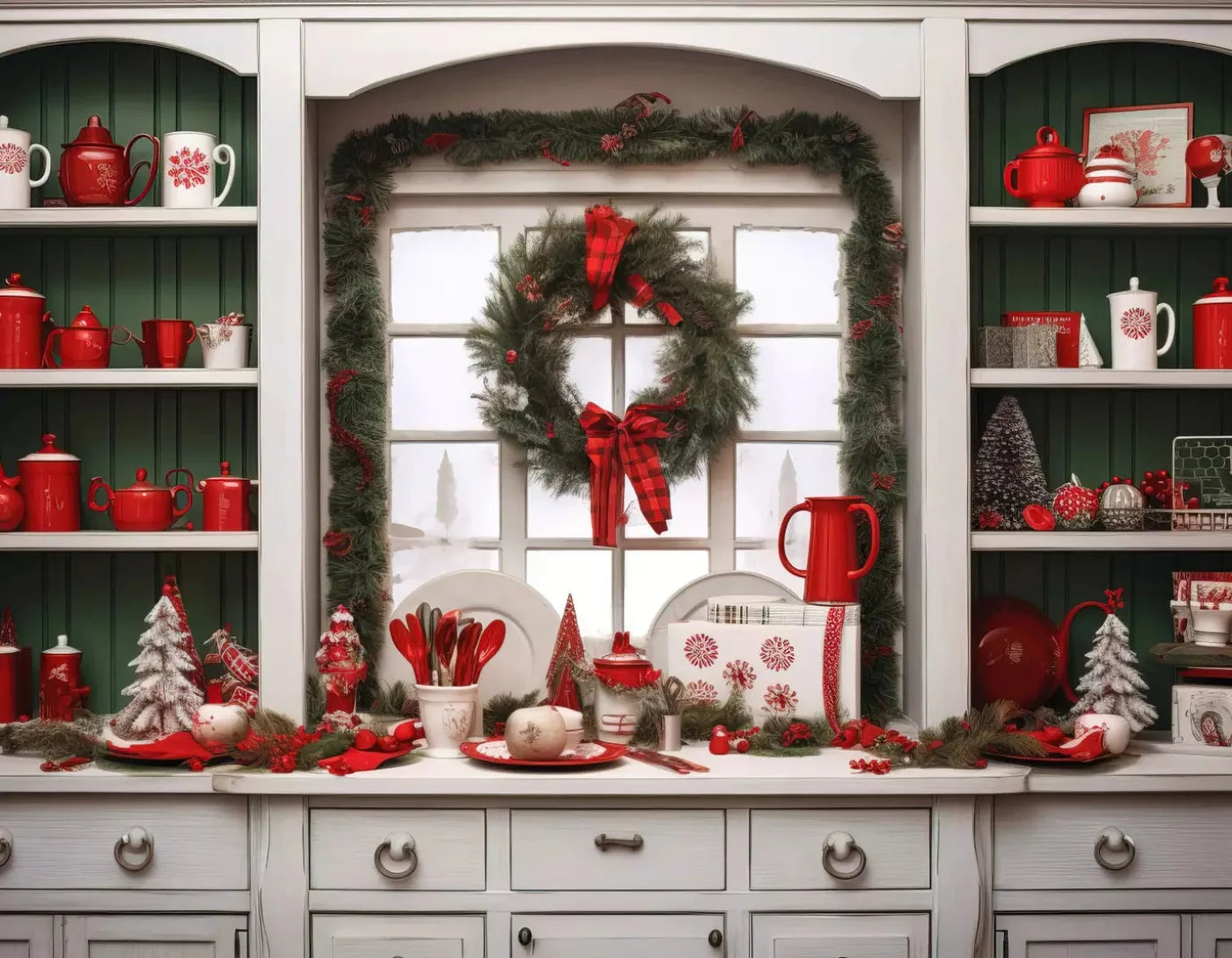 Christmas Kitchen In White 8X6 Fleece ( 96 X 72 Inch ) Backdrop