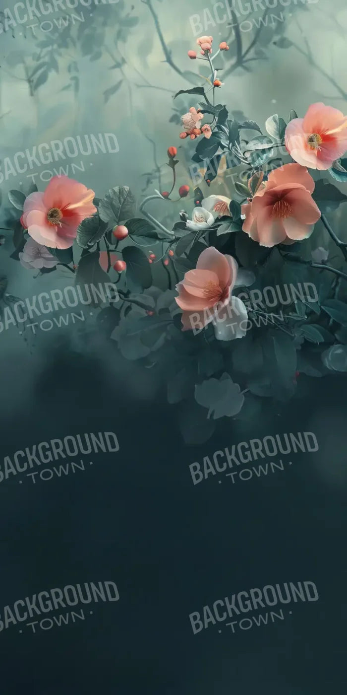 Moody Blue With Peach Floral Blossoms Sweep 10’x20’ UltraCloth (120 x 240 inch) Backdrop