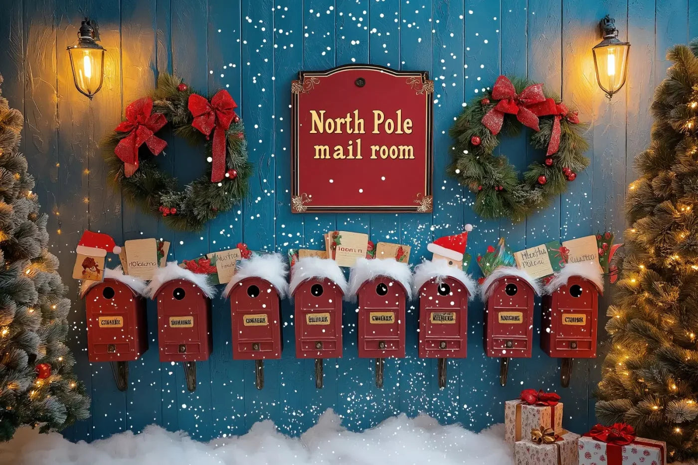 North Pole Mail Room Wall 12’X8’ Ultracloth (144 X 96 Inch) Backdrop