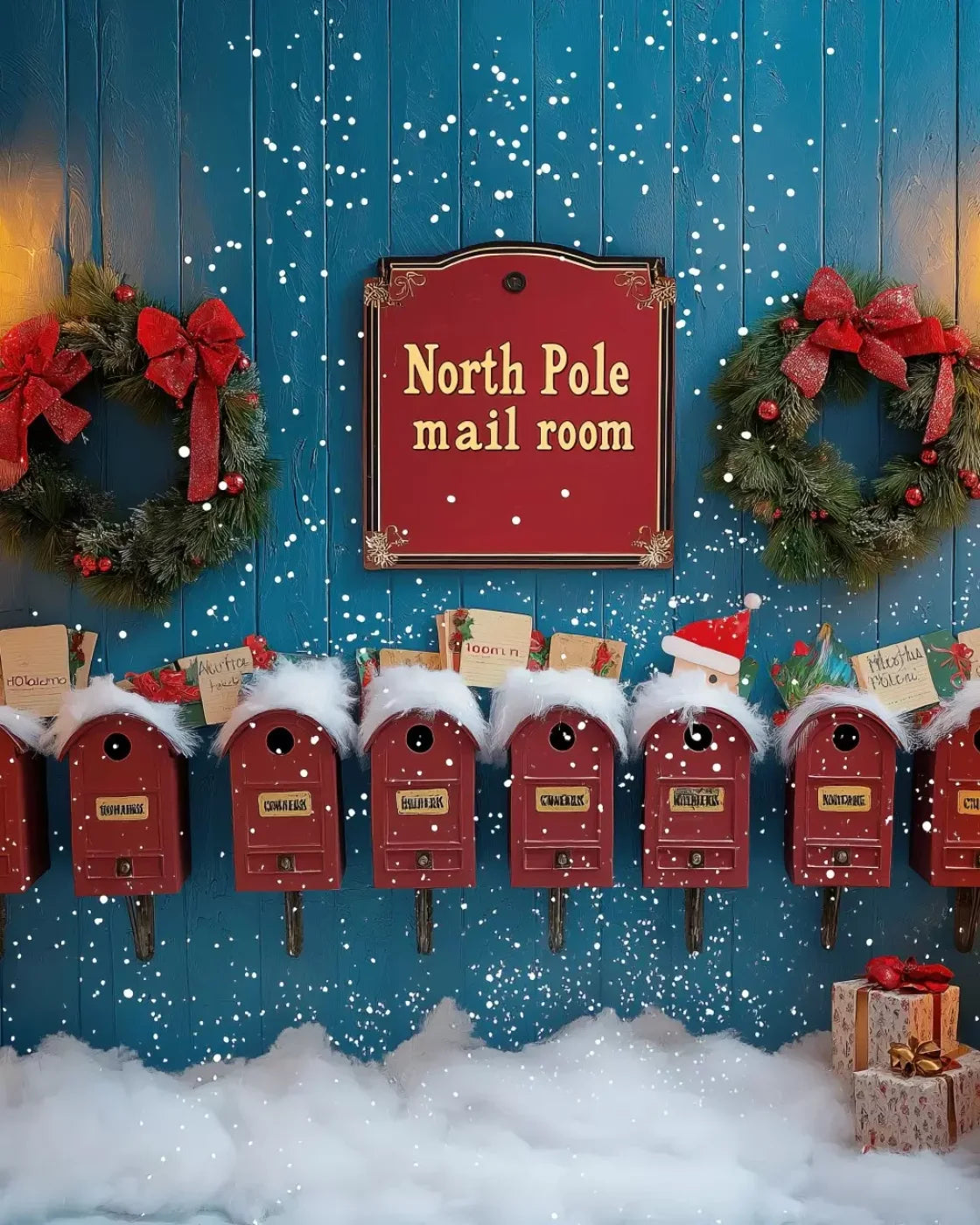 North Pole Mail Room Wall 8’X10’ Fleece (96 X 120 Inch) Backdrop