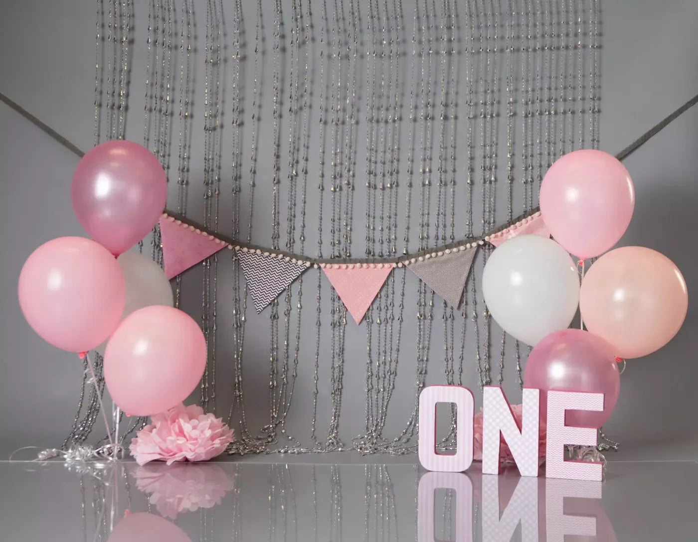 One Silver Pink Birthday 8X6 Fleece ( 96 X 72 Inch ) Backdrop