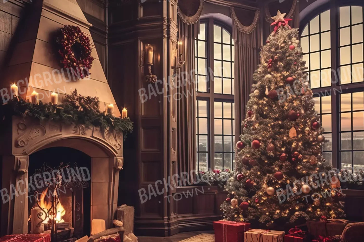 Ornate Christmas Livingroom 12’X8’ Ultracloth (144 X 96 Inch) Backdrop