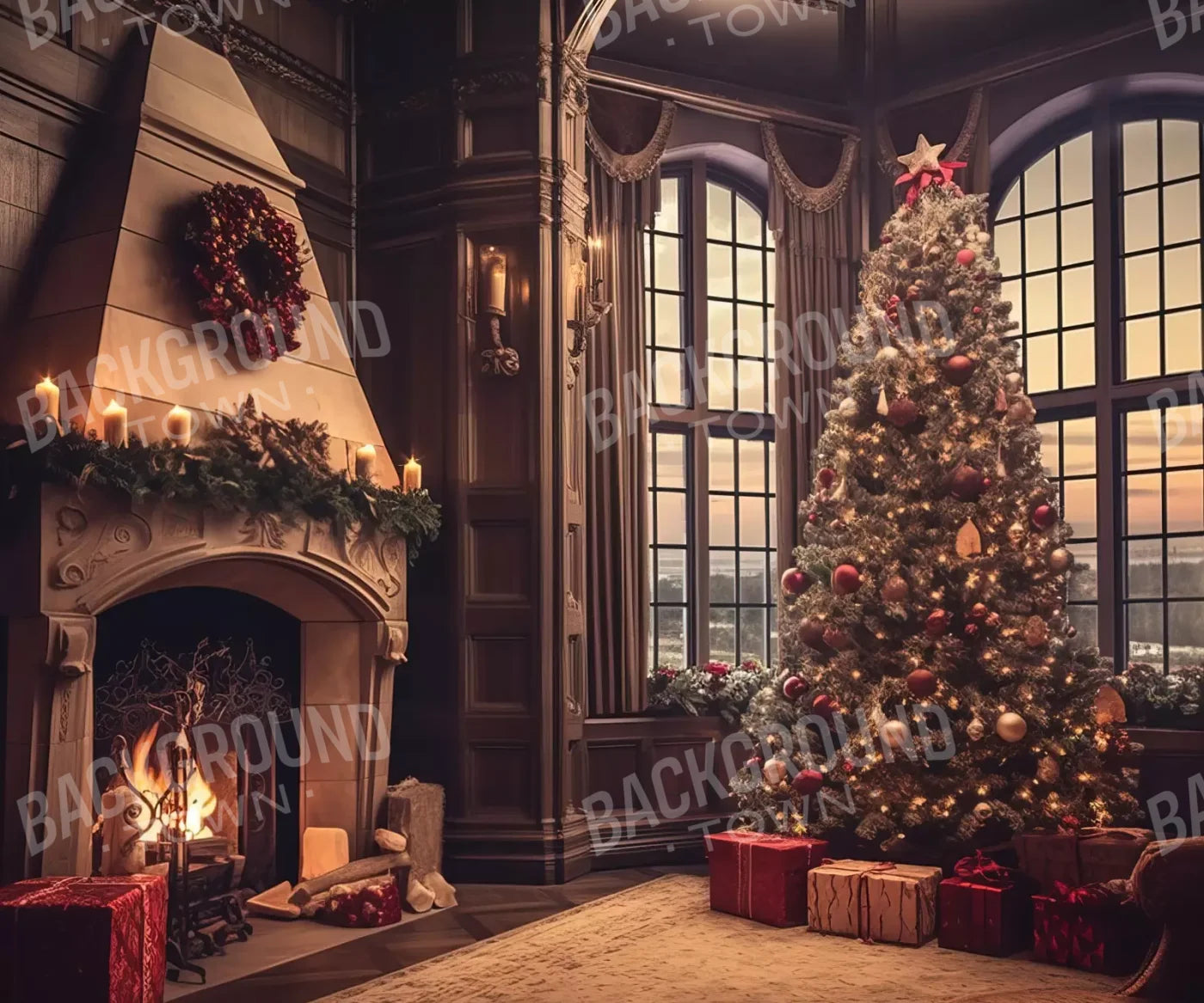 Ornate Christmas Livingroom 5’X4’2 Fleece (60 X 50 Inch) Backdrop