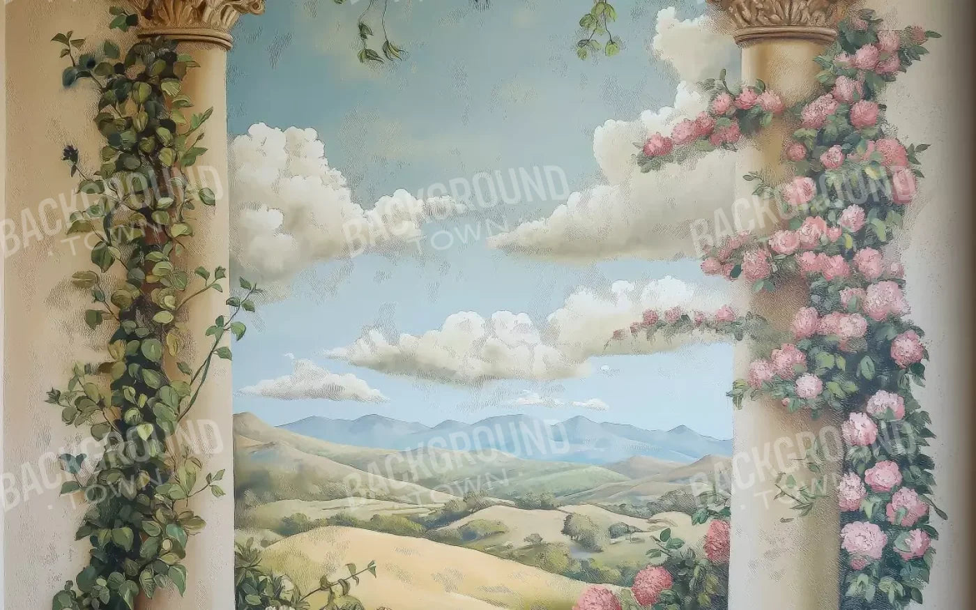 Painted Pillars With Flowers 16’X10’ Ultracloth (192 X 120 Inch) Backdrop